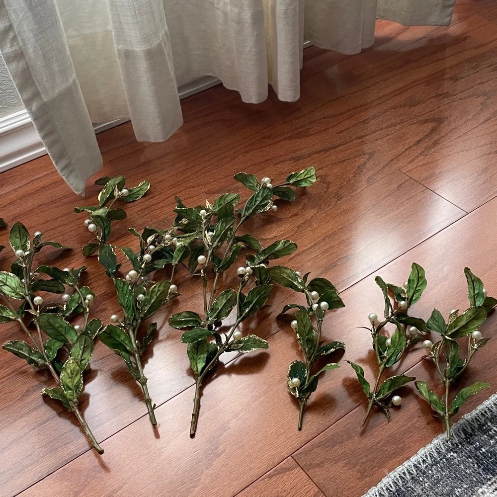 Set of 6 Floral Stems with Artificial Faux Pearls & Gold Glitter Accent Leaves